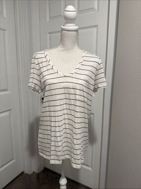 Caslon White V-Neck Short Sleeve Tee with Navy Stripes
